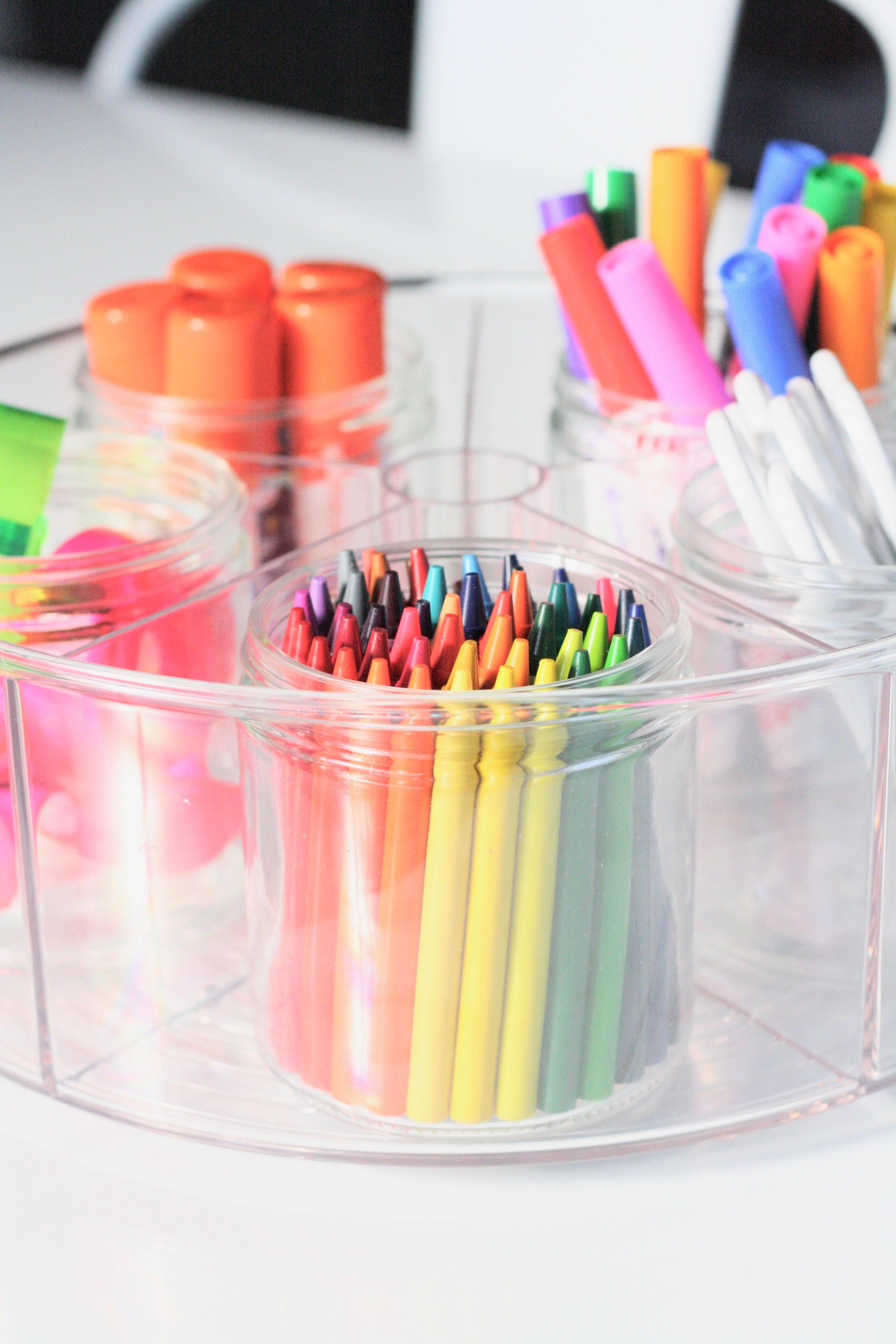 Crayon Organizer and Storage Holder Lazy Susan School Art Supplies Caddy |  Rotating Kids Desk Organizer Rainbow Color Bins | Pencil Marker Organizer