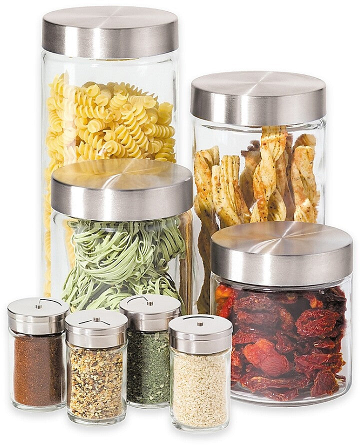 Oggi 8-Piece Round Glass Canister Set With Spice Jars Stainless Steel/glass