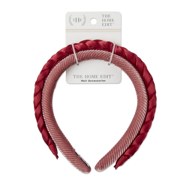 The Home Edit Braided and Ribbed Fashion Headband Set, Red and Mauve, 2 Ct