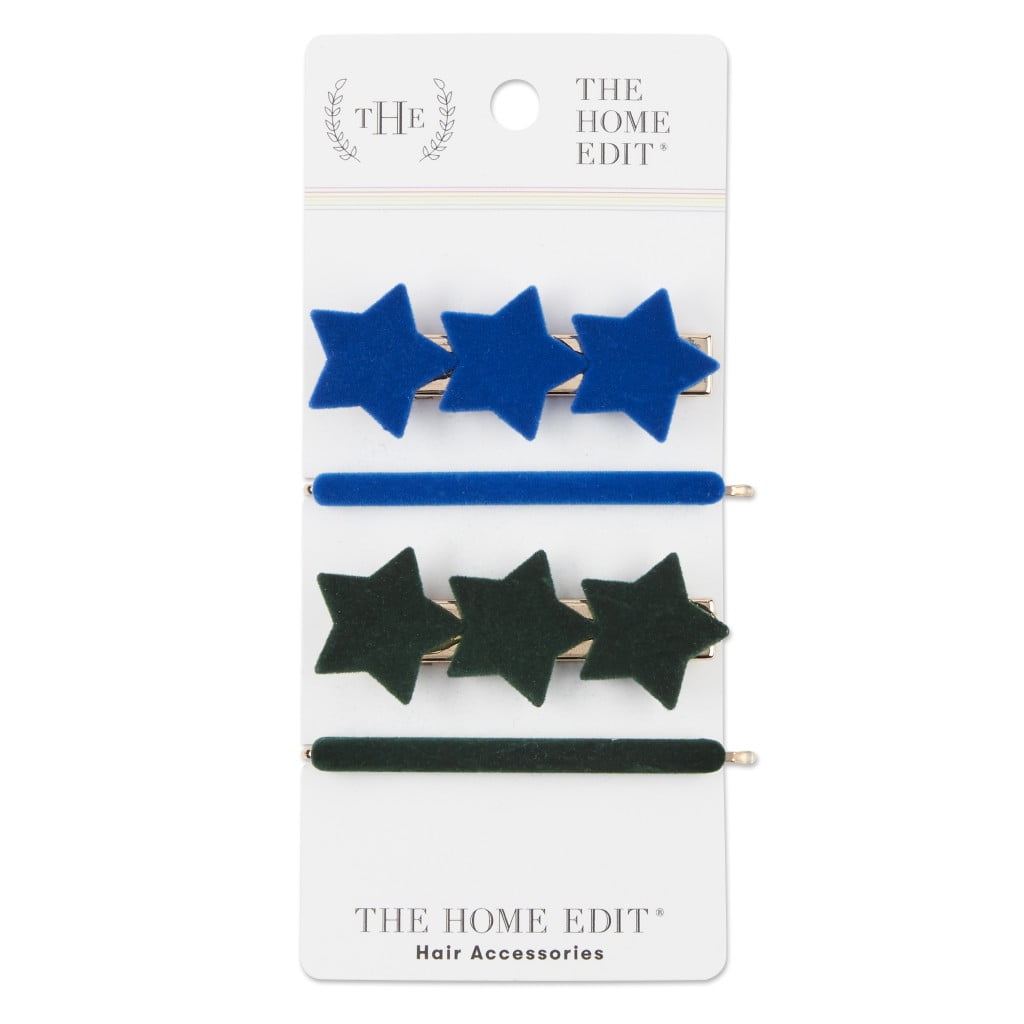 The Home Edit Felt Star Hair Clips and Bobby Pins, Blue and Black, 4 Ct