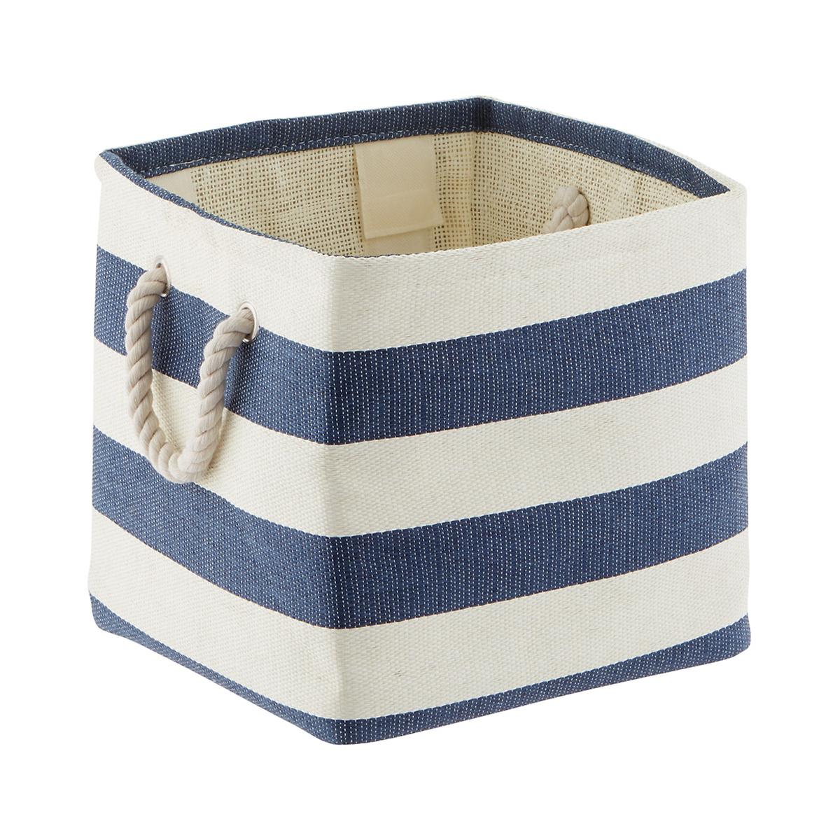 Navy & Ivory Rugby Stripe Storage Cube with Rope Handles