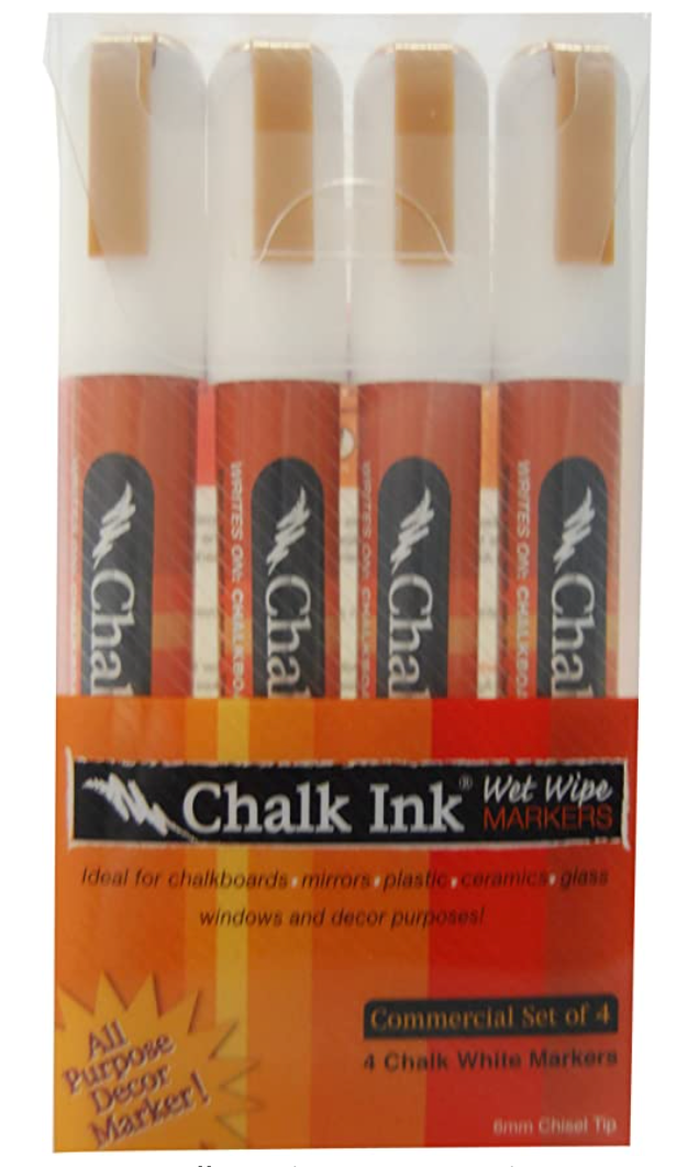 Chalk Ink 6mm Commercial Wet Wipe Markers, 4-Pack, White
