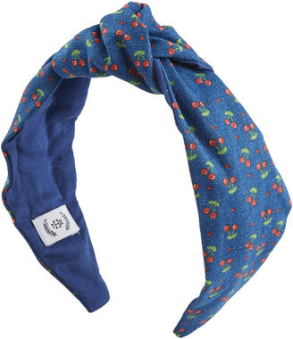 The Home Edit Knotted Headband in Cherry Print on Blue Canvas