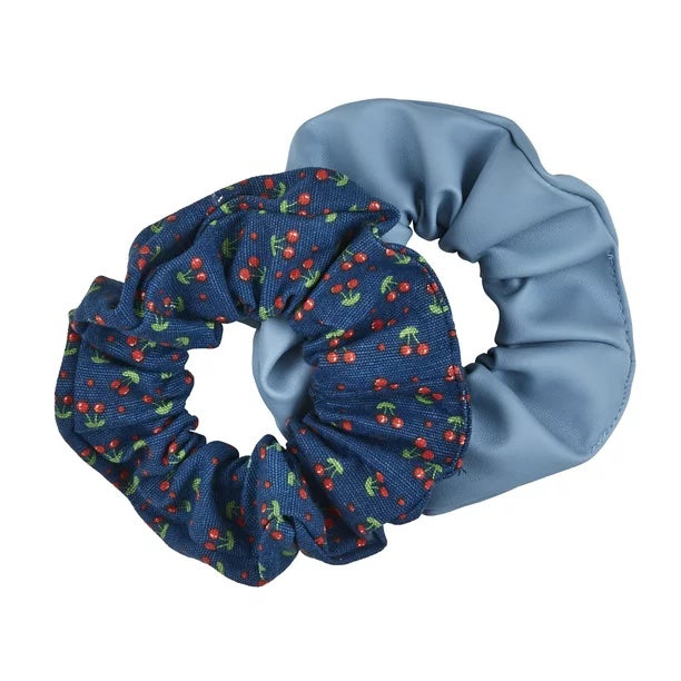 The Home Edit Scrunchies in Blue Faux Leather and Cherry Print
