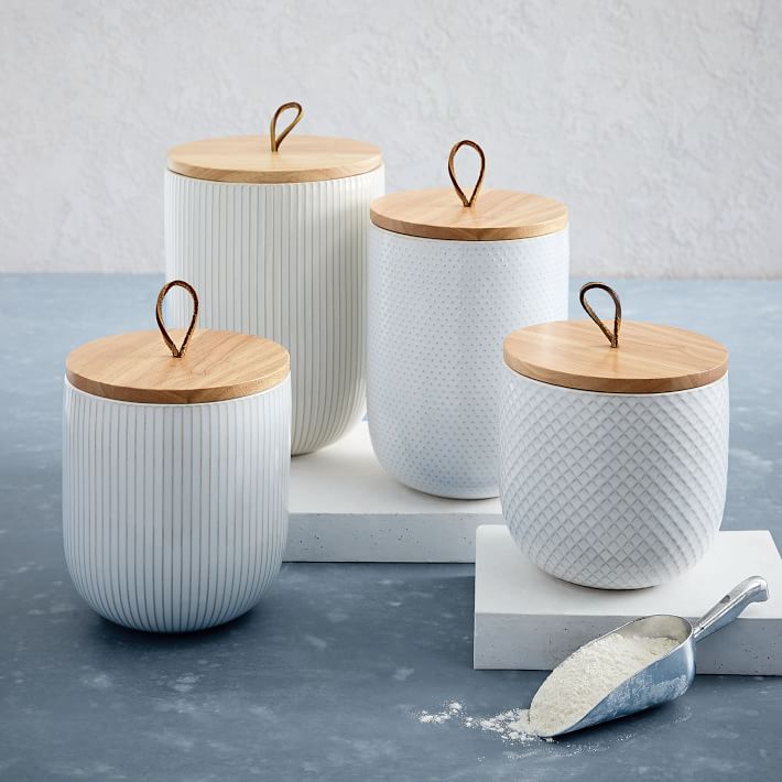 Textured Stoneware Kitchen Canisters w/ Wood Tops